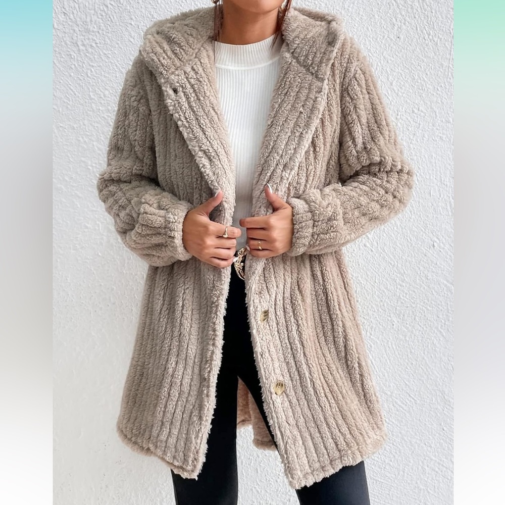 Cozy teddy Button Front Hooded Coat Jackets color Khaki - Picture 7 of 8